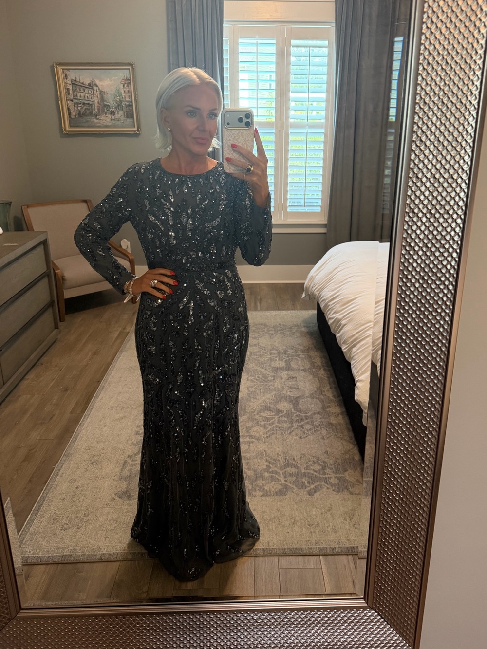 Mac Duggal Dark Gray Long Sleeve Beaded Evening Gown
